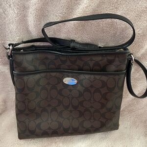 Coach Signature Brown Monogram Crossbody Bag Black Trim Adjustable Strap